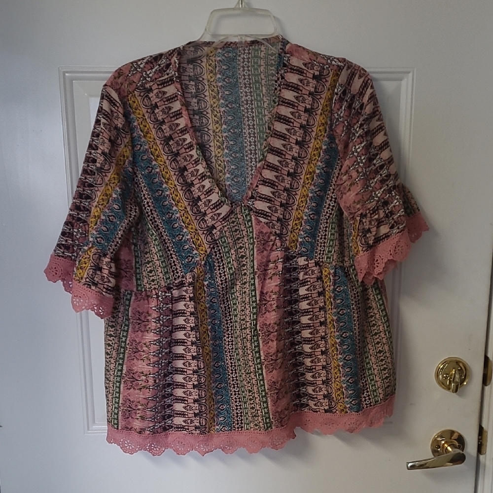 Multicolor Bohemian Blouse and Black Ruffle Top - Picture 5 of 7